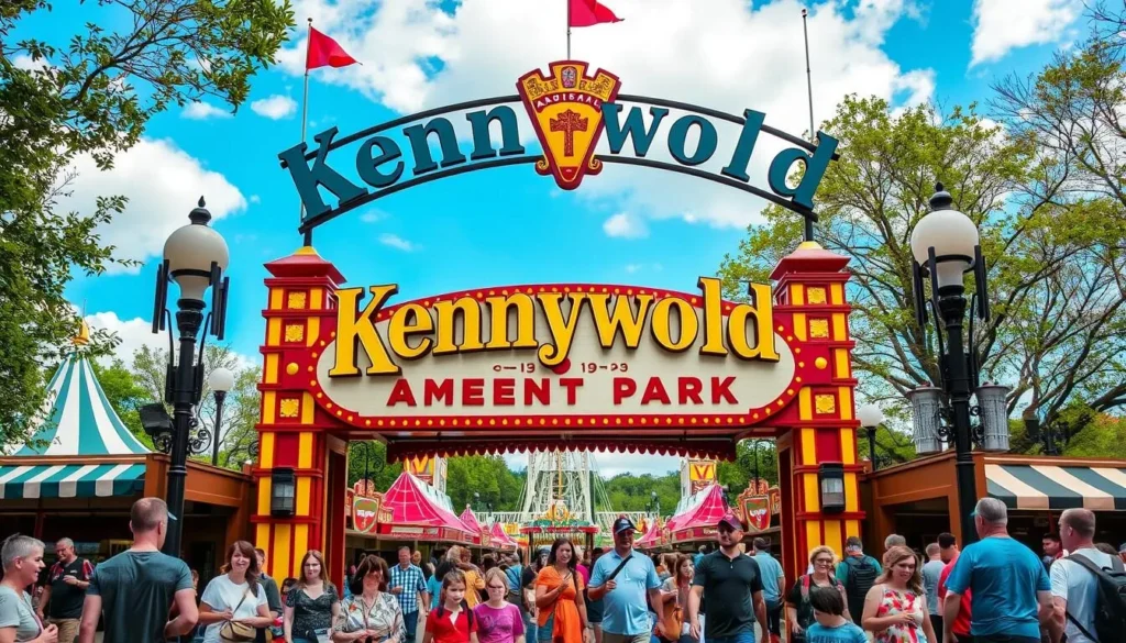 An image of the Kennywood Amusement Park entrance, with a vintage-style sign and a crowd of happy families.