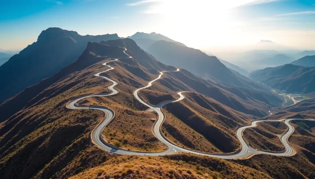 An image of the Leba Mountain Pass, showcasing its spiraling roads and panoramic views between Lubango and Namibe.