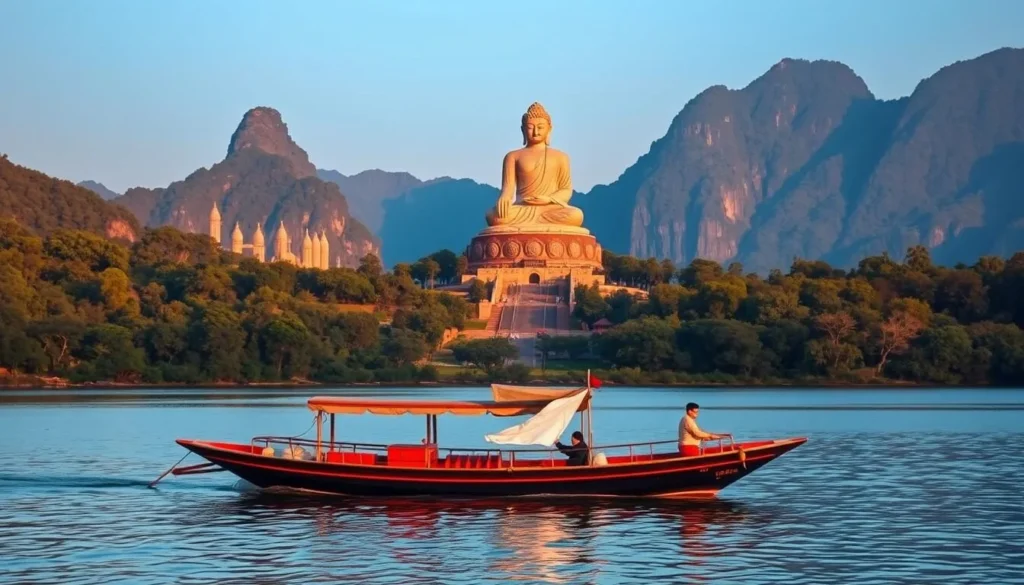 An image of the Leshan Giant Buddha with a boat in the foreground