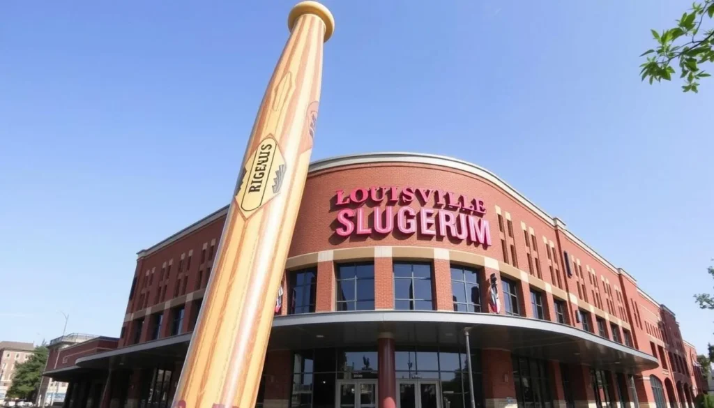 An image of the Louisville Slugger Museum's iconic 120-foot bat leaning against the building.