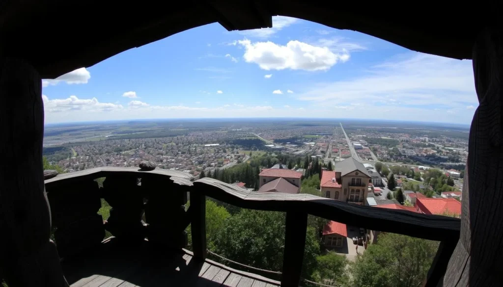 An image of the Mandeville Trailhead lookout tower with panoramic views of the historic district
