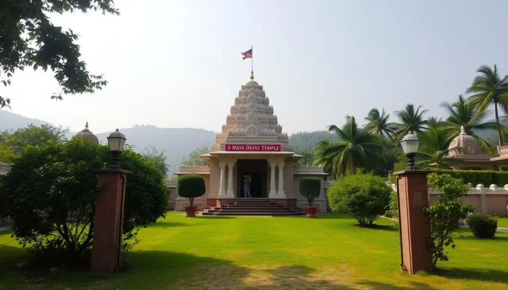 An image of the Maya Devi Temple's entrance, showcasing its serene surroundings.