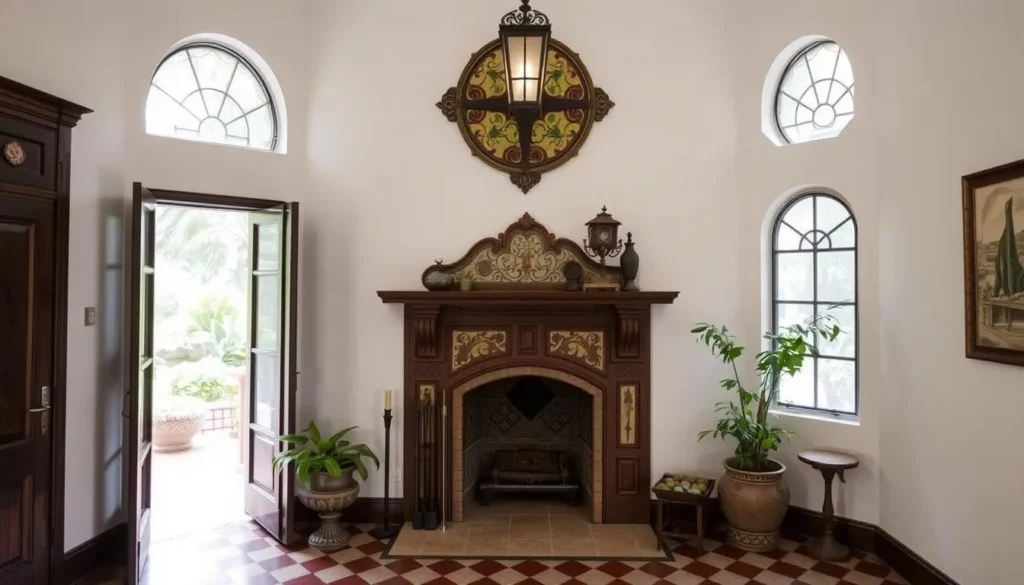 An image of the McCaleb Old Missionary House, showcasing its beautiful Art Nouveau-style tiled fireplace and serene surroundings.