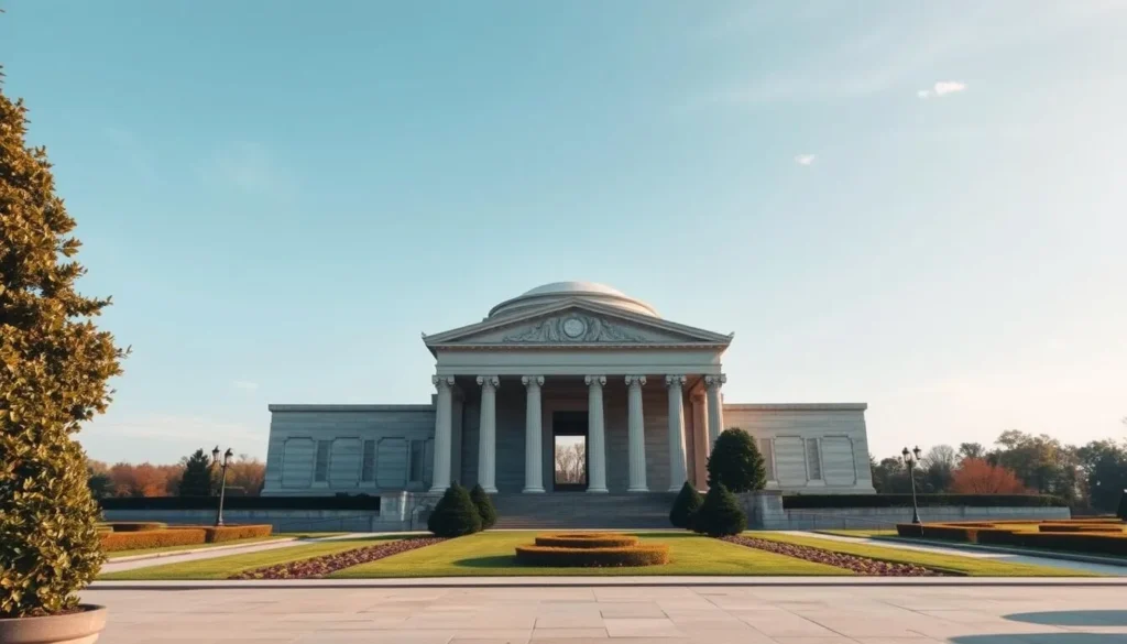 An image of the Memorial Hall's somber architecture and gardens