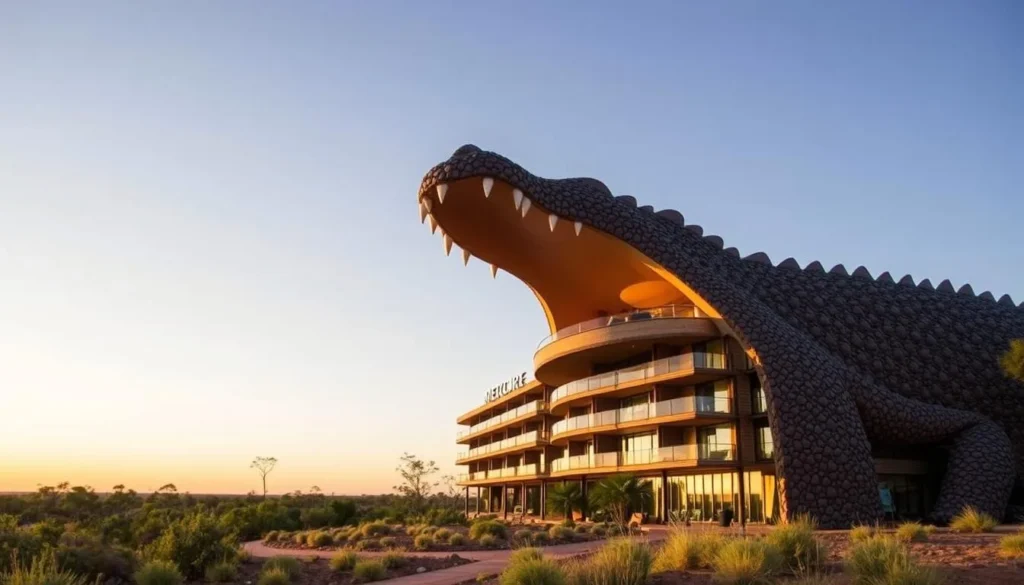 An image of the Mercure Kakadu Crocodile Hotel's unique crocodile-shaped design.