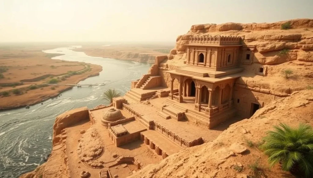 An image of the Moenjodaro archaeological site with its ancient structures and the Indus River in the background.