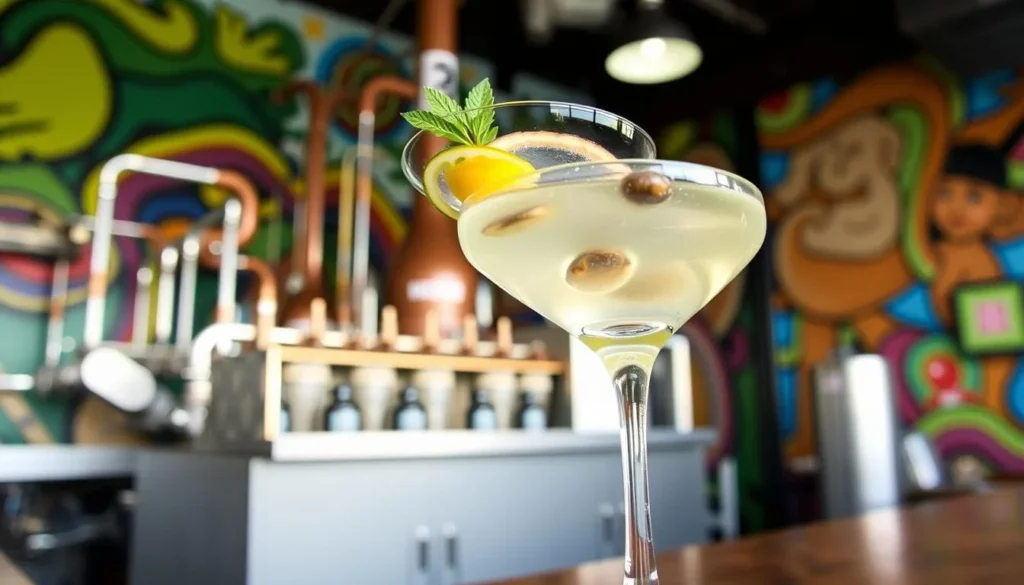 An image of the Molecular Martini cocktail at 173 Degree Craft Distillery, with a view of the distillery's equipment and murals in the background.