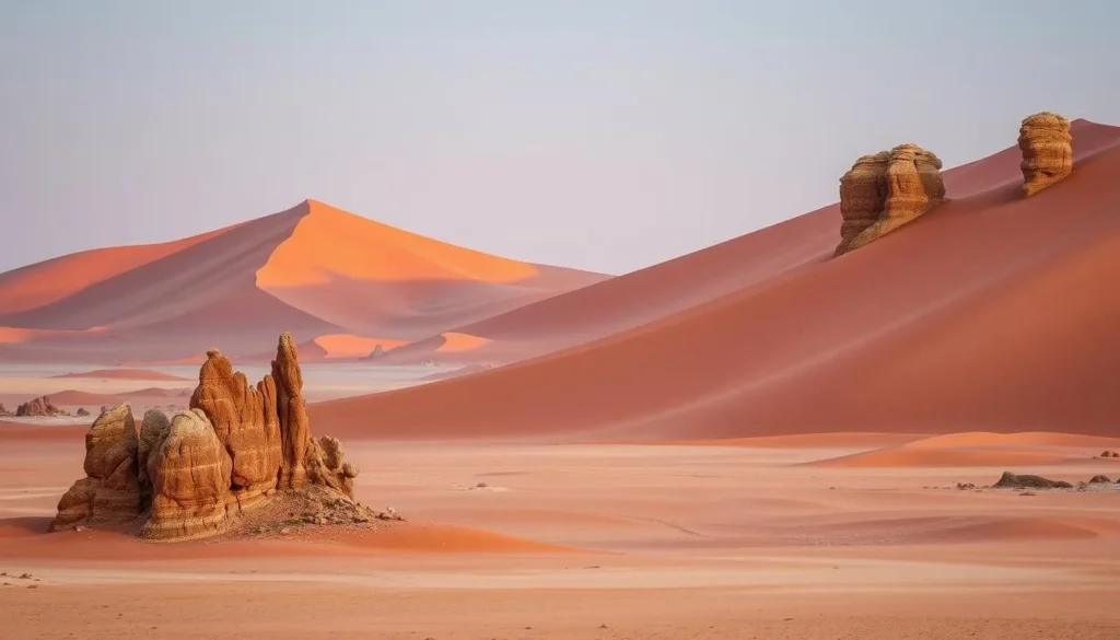 An image of the Namib Desert's red sand dunes and unique rock formations along Angola's southern coast.