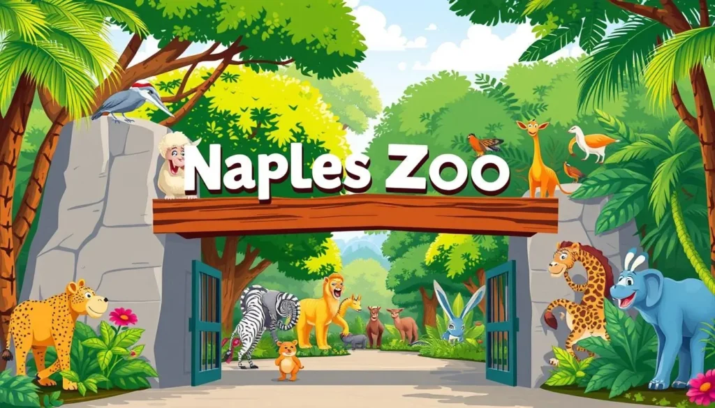 An image of the Naples Zoo entrance with various animals in the background.