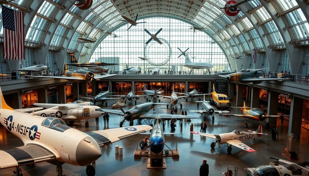 An image of the National Air and Space Museum's main hall with historic aircraft on display.