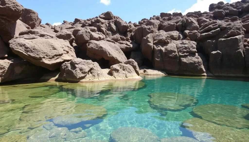 An image of the Natural Pool, a serene body of water surrounded by volcanic rocks in Aruba. An image of the Natural Pool, a serene body of water surrounded by volcanic rocks in Aruba.