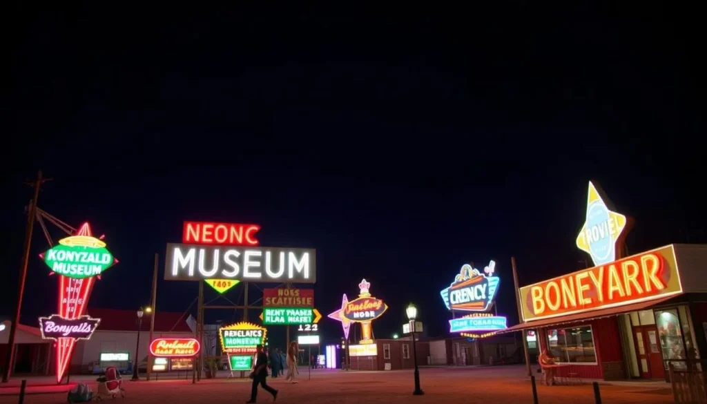 An image of the Neon Museum's Boneyard at night