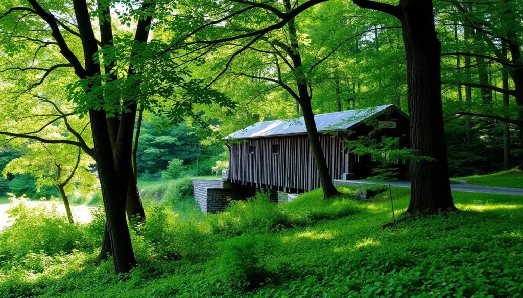 An image of the Newfield Covered Bridge in a serene forest setting.