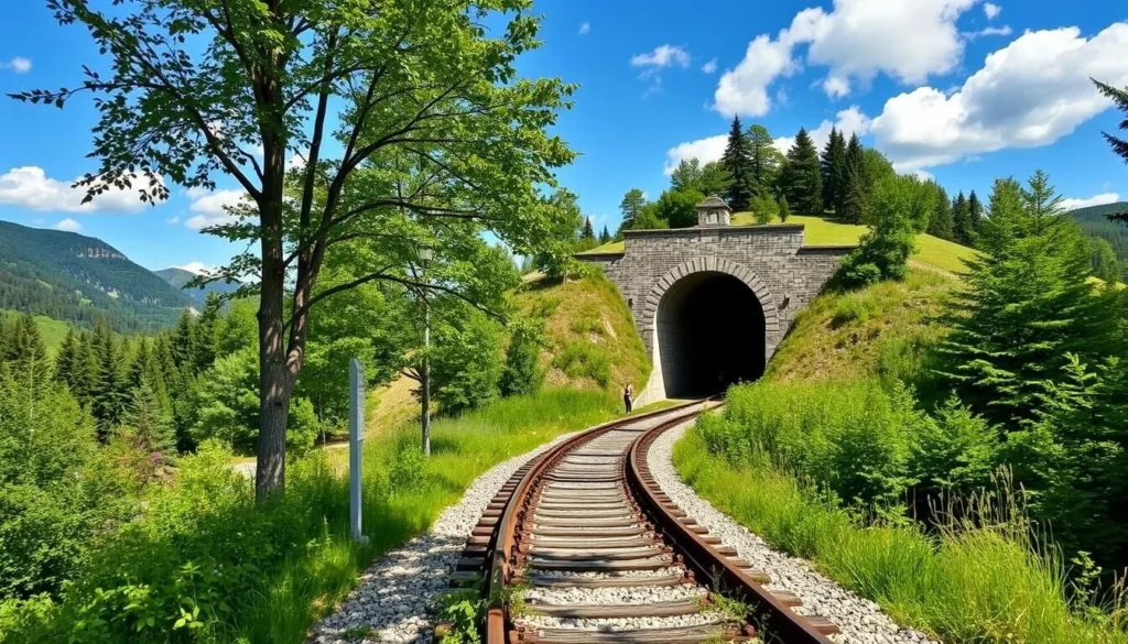 An image of the North Bend Rail Trail with a historic tunnel in the background.