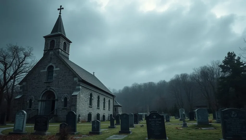 An image of the Old Dutch Church in Sleepy Hollow, with its historic stone structure and surrounding burying ground.