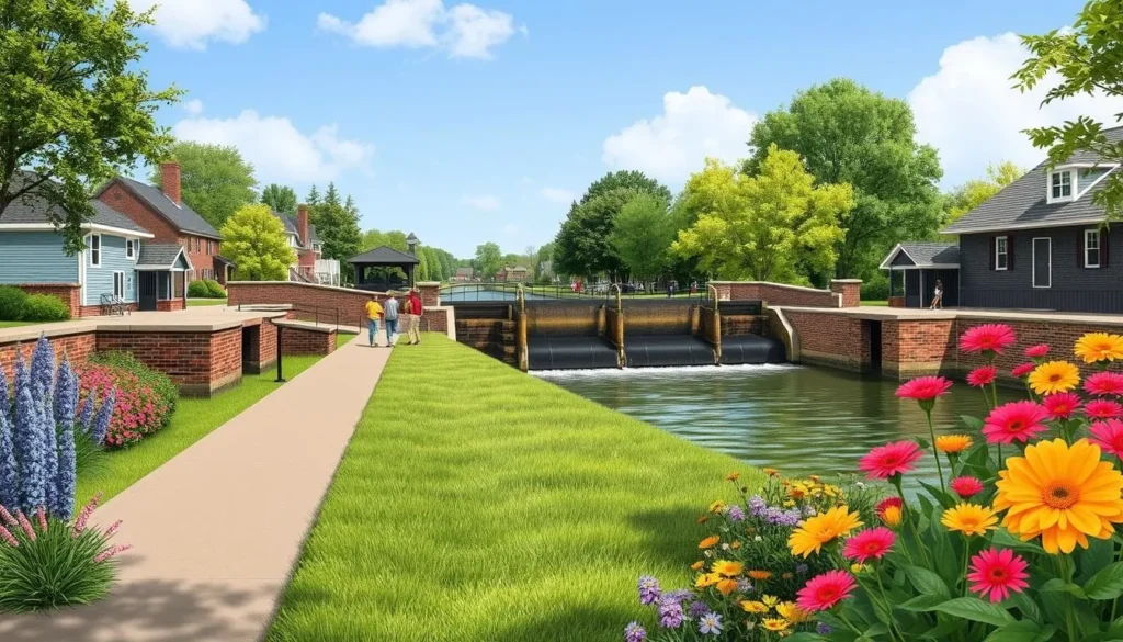 An image of the Old Erie Canal State Historic Park with a restored towpath and historic locks.