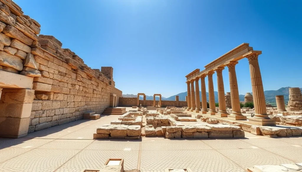 An image of the Olynthos Ancient Site with mosaic floors and archaeological ruins An image of the Olynthos Ancient Site with mosaic floors and archaeological ruins