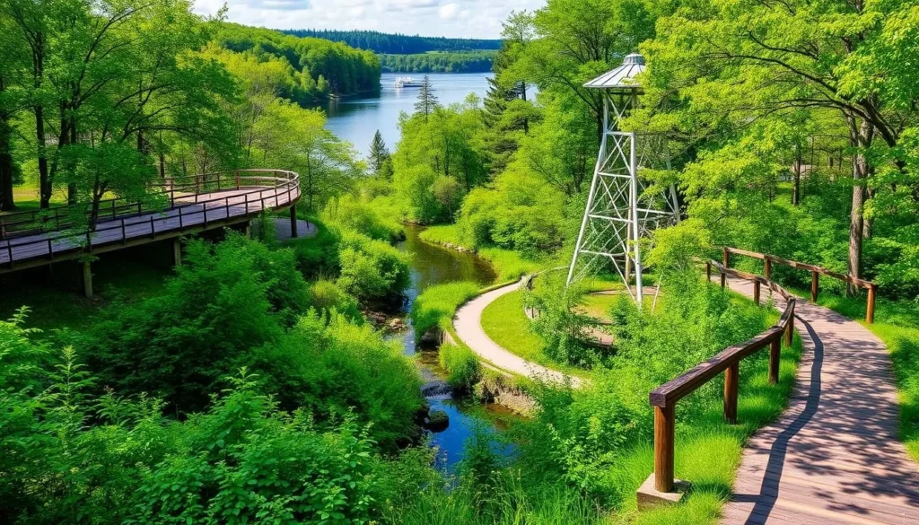An image of the Oslo Riverfront Conservation Area, showcasing its boardwalk, observation tower, and hiking trails.