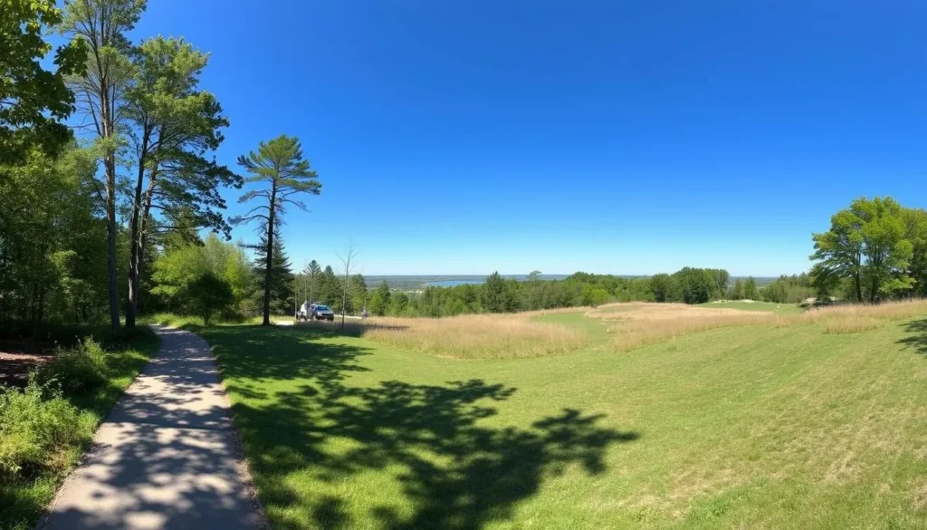 An image of the Outdoor Discovery Center's trails near Lake Macatawa, with a mix of woodland paths and open areas.