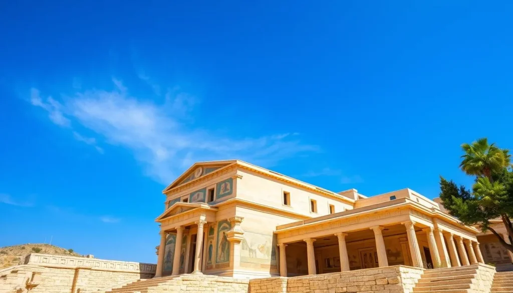 An image of the Palace of Knossos, showcasing its vibrant frescoes and ancient architecture.