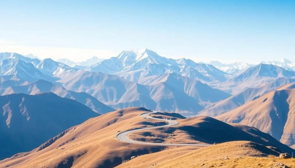 An image of the Pamir Highway winding through high-altitude landscapes