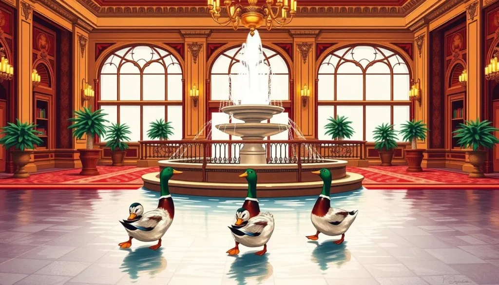 An image of the Peabody Hotel ducks marching to the lobby fountain