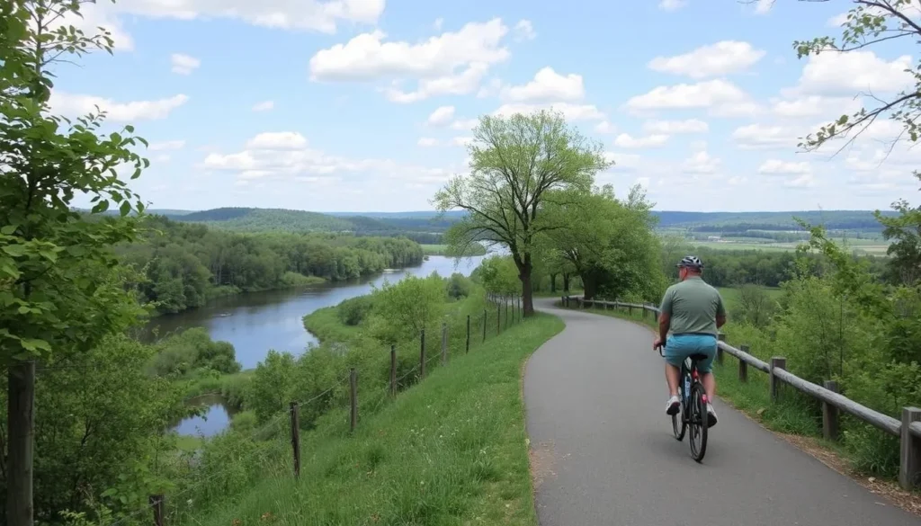 An image of the Pequonnock River Trail with a biker riding along the scenic path.