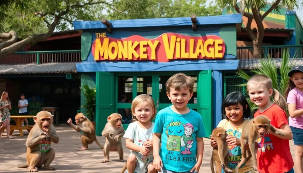 An image of the Phoenix Zoo's Monkey Village with kids interacting with monkeys.