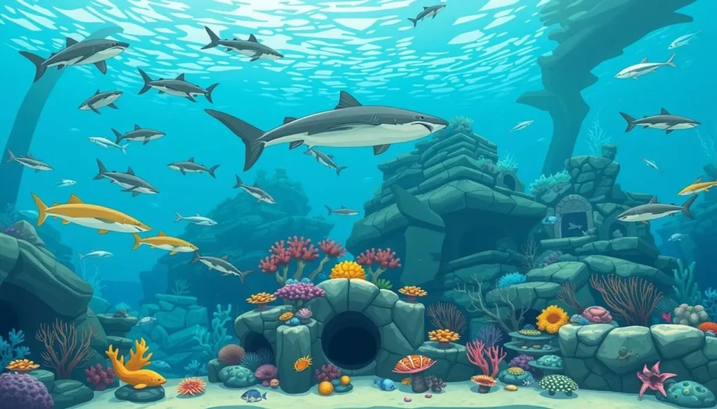 An image of the Pittsburgh Zoo's PPG Aquarium, with a large tank featuring sharks and other marine life.