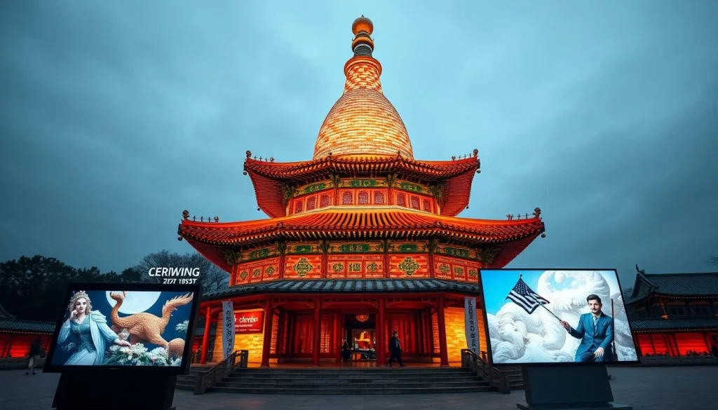 An image of the Porcelain Tower's gleaming porcelain bricks and modern multimedia exhibits
