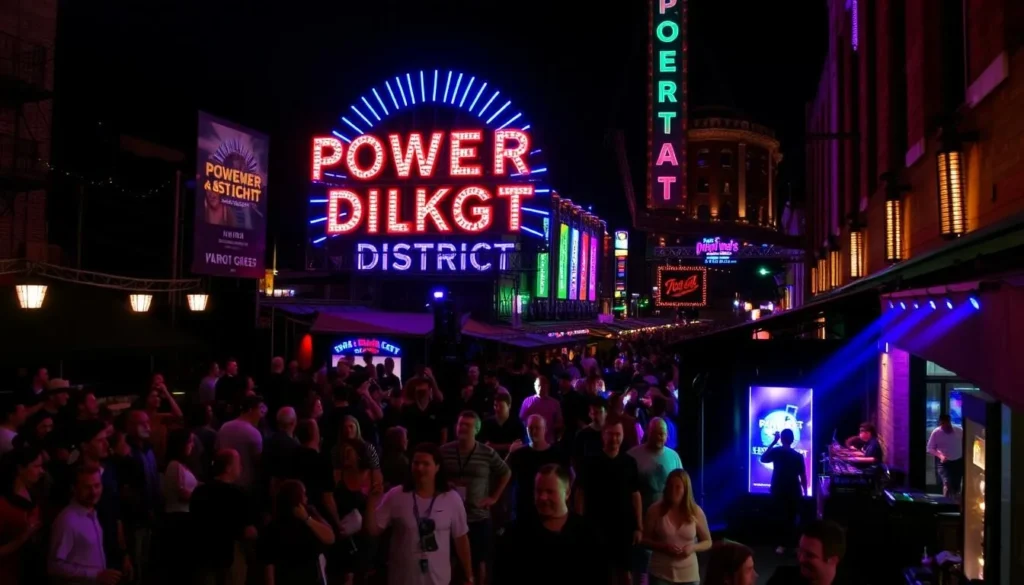 An image of the Power & Light District at night with live music