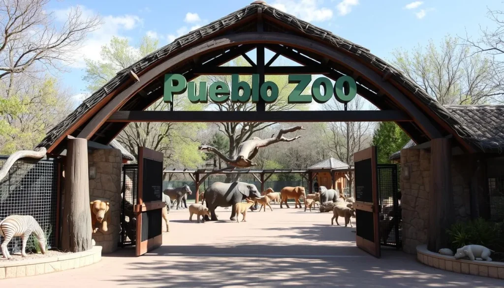 An image of the Pueblo Zoo entrance with a variety of animals in the background.