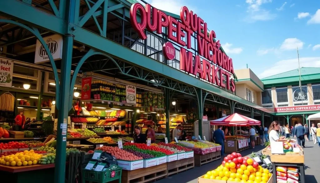 An image of the Queen Victoria Market, showcasing its vibrant stalls and diverse produce.