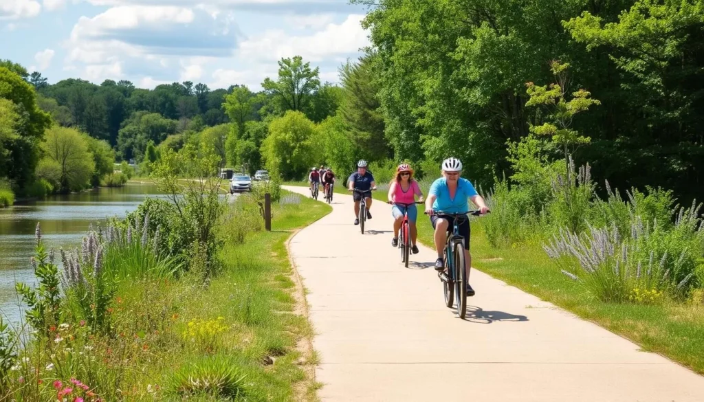 An image of the Razorback Greenway trail with cyclists and walkers enjoying the scenic route.