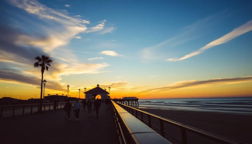 An image of the Redondo Beach Pier at sunset with people strolling and enjoying the view.