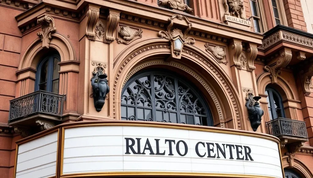An image of the Rialto Theater Center's historic facade, highlighting its ornate details.
