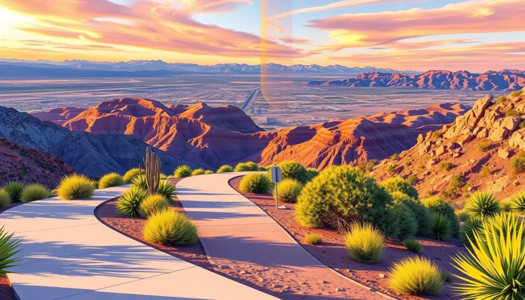 An image of the River Mountain Loop Trail, showcasing its paved pathways and panoramic views of the Las Vegas Valley.