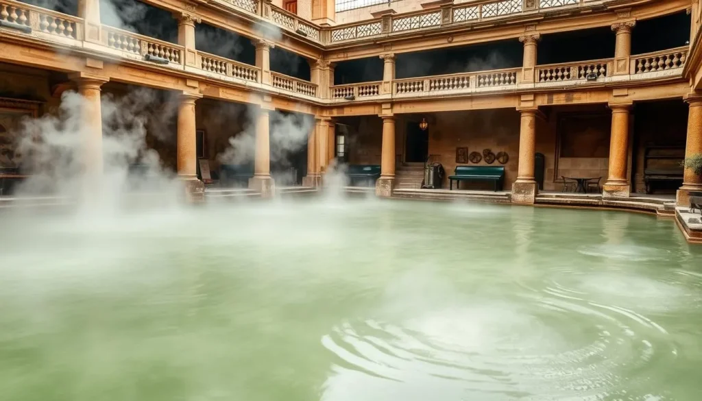 An image of the Roman Baths with steaming spring water and ancient stonework