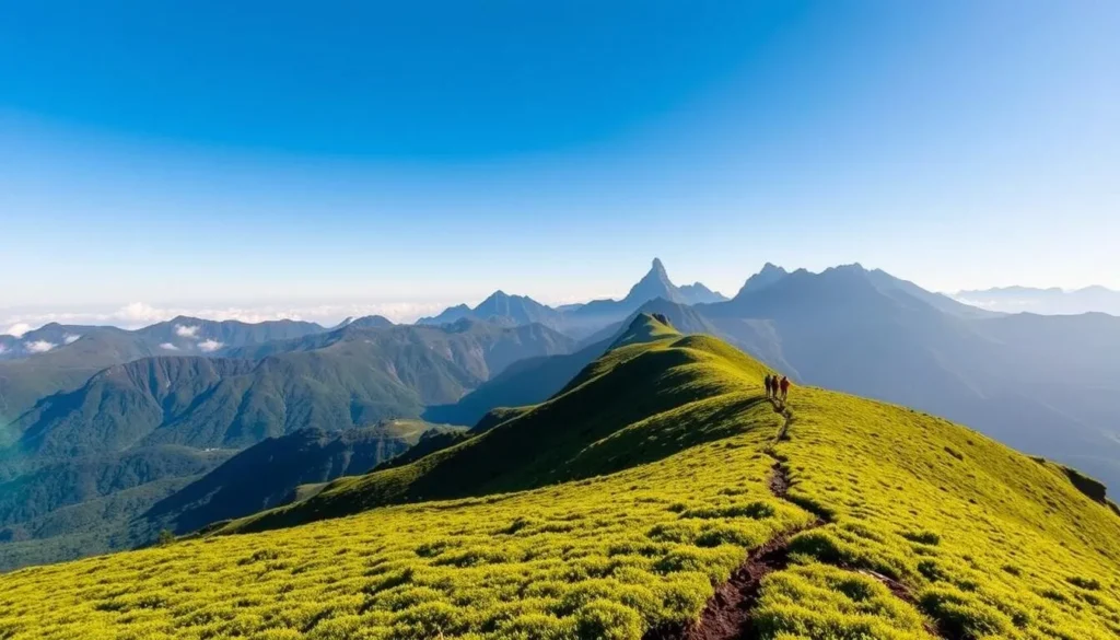 An image of the Rwenzori Mountains with trekkers on the slopes.