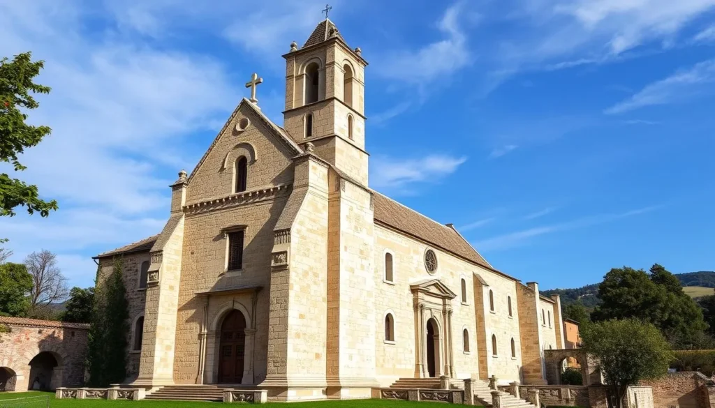 An image of the Saint-Émilion Monolithic Church and its bell tower, showcasing its unique limestone architecture.