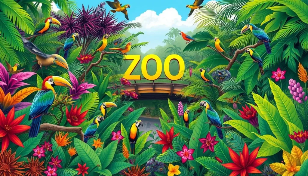 An image of the San Francisco Zoo's tropical rainforest with exotic birds and plants.