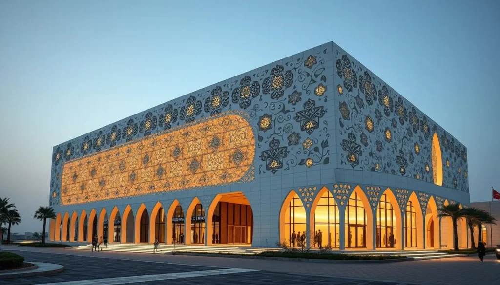 An image of the Sheikh Abdullah Al-Salem Cultural Centre's exterior, highlighting its modern design and traditional Islamic patterns.