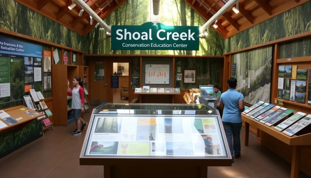 An image of the Shoal Creek Conservation Education Center, with interactive exhibits and educational materials on display.