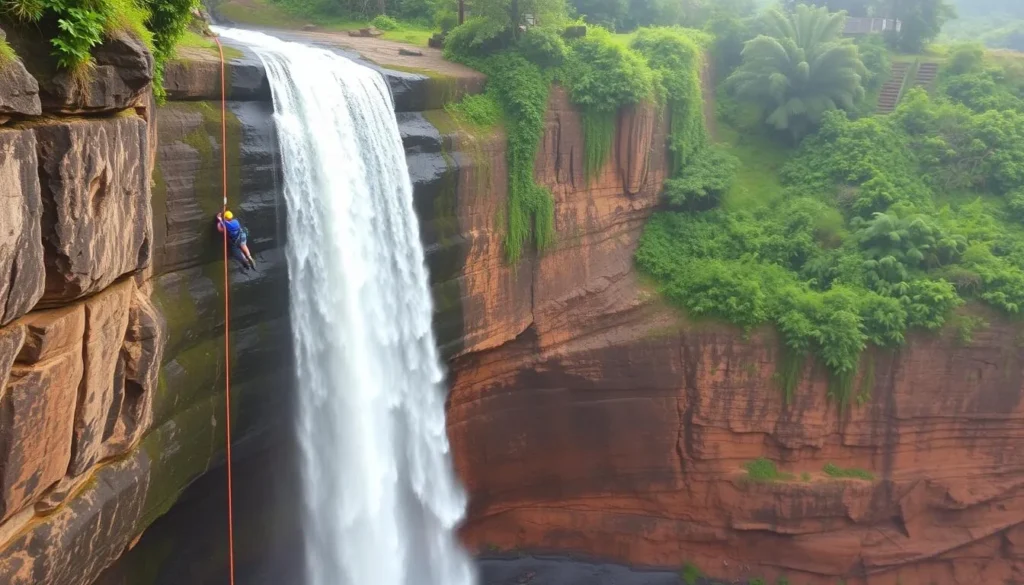 An image of the Sipi Falls cascading down a cliff with a person abseiling alongside.