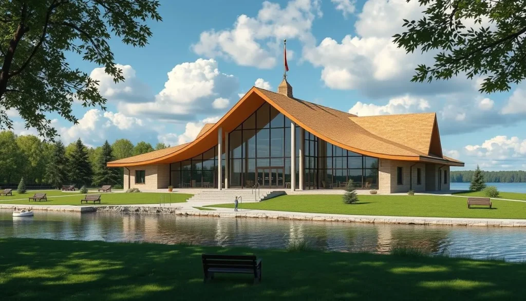 An image of the Skä·noñh-Great Law of Peace Center, located on the shores of Onondaga Lake, highlighting its Native American cultural significance.