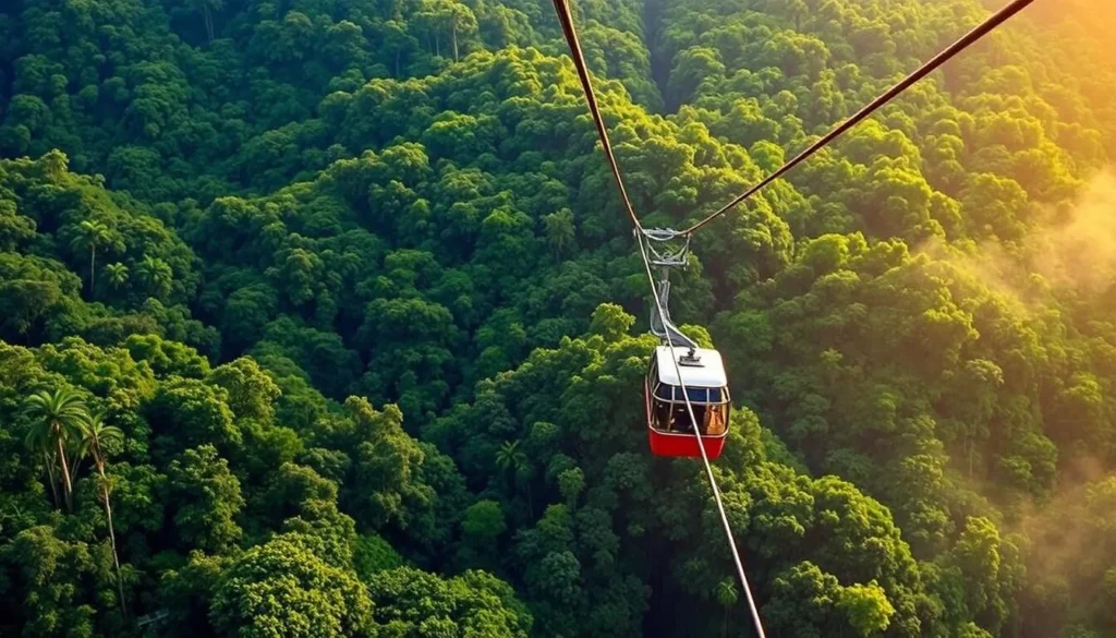An image of the Sky Rail Rainforest Cableway gliding above the ancient rainforest canopy.
