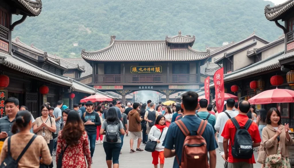 An image of the Song Dynasty Town's recreation of ancient Hangzhou, with visitors enjoying the attractions and performances.
