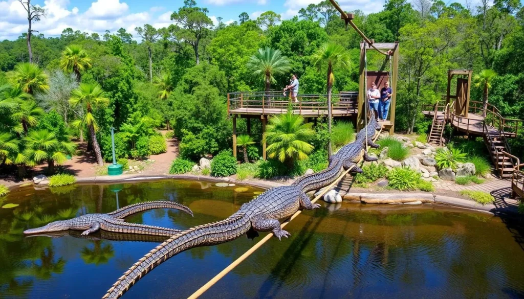 An image of the St. Augustine Alligator Farm Zoological Park, showcasing its unique zipline course over live alligators. An image of the St. Augustine Alligator Farm Zoological Park, showcasing its unique zipline course over live alligators.