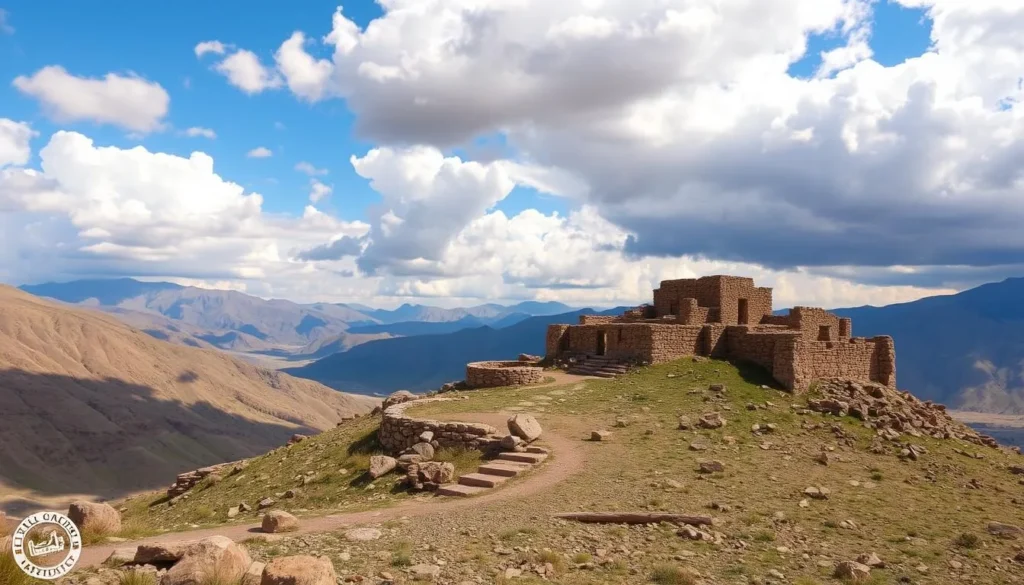 An image of the Stone City Ruins perched on a hill, surrounded by the stunning landscape of the Pamir Plateau.