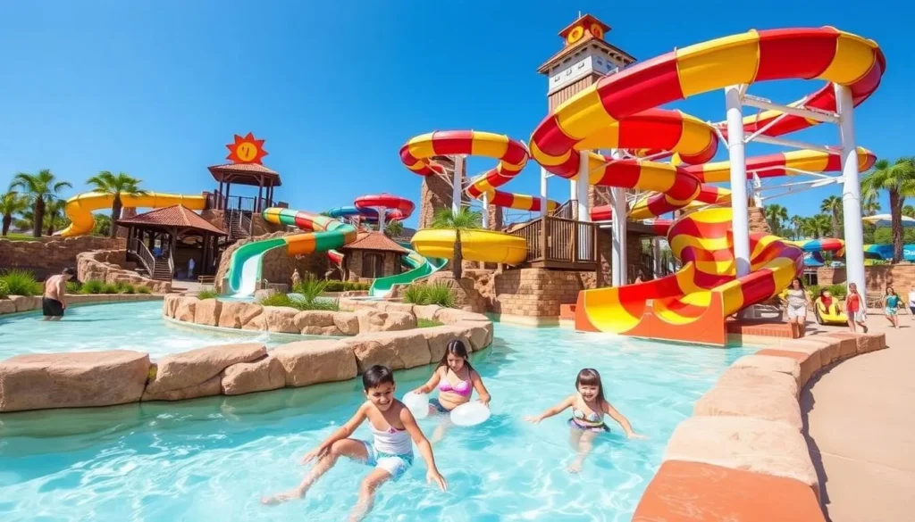 An image of the Sun-n-Fun Lagoon Water Park's lazy river and water slides.